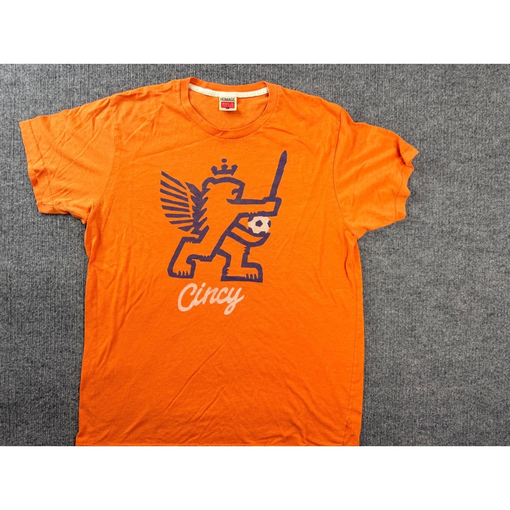 Homage Cincy Soccer Graphic Tee Mens Large Orange USA Made Crewneck T-Shirt L